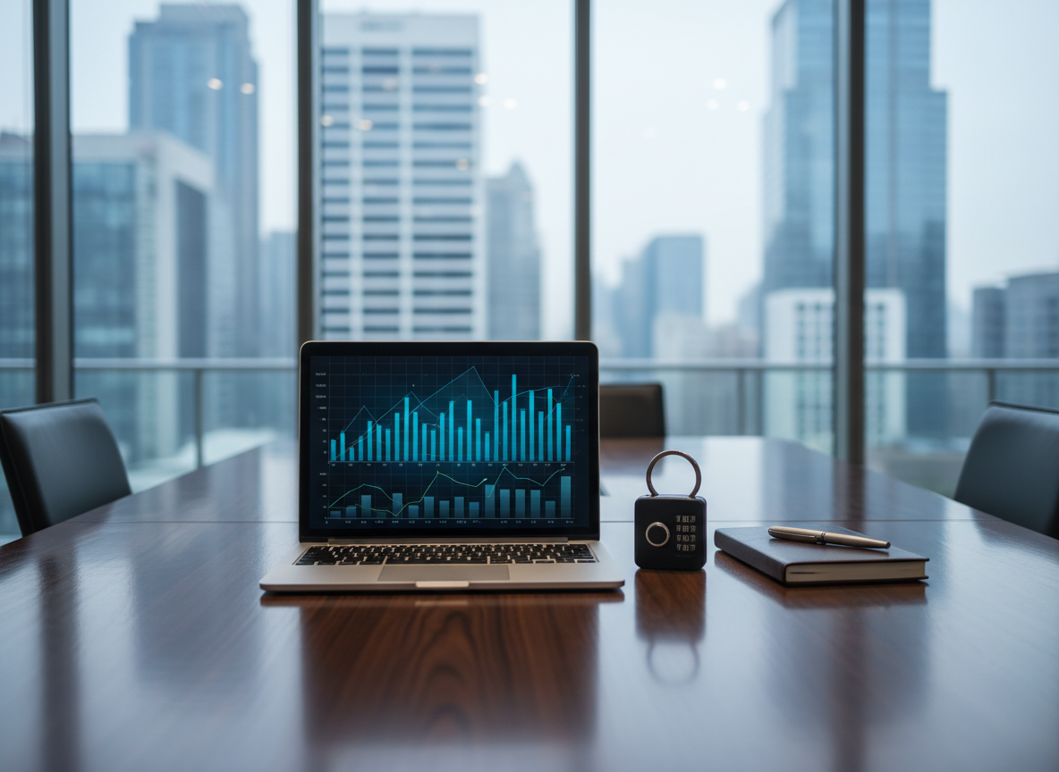 A sleek, glass-walled boardroom table made of dark walnut wood, its surface perfectly organized with a single open laptop showing abstract charts, a leather-bound notebook, and a discreet combination safe key fob beside them. Through the glass walls, blurred outlines of a modern financial district skyline appear in the distance. Cool, diffused daylight from floor-to-ceiling windows creates gentle reflections on the polished table and laptop screen. Photographic realism at eye level, using a shallow depth of field to keep the table in sharp focus while softly blurring the background. The mood is professional, secure, and composed, visually suggesting calm control over financial risk in a clean, modern corporate environment.